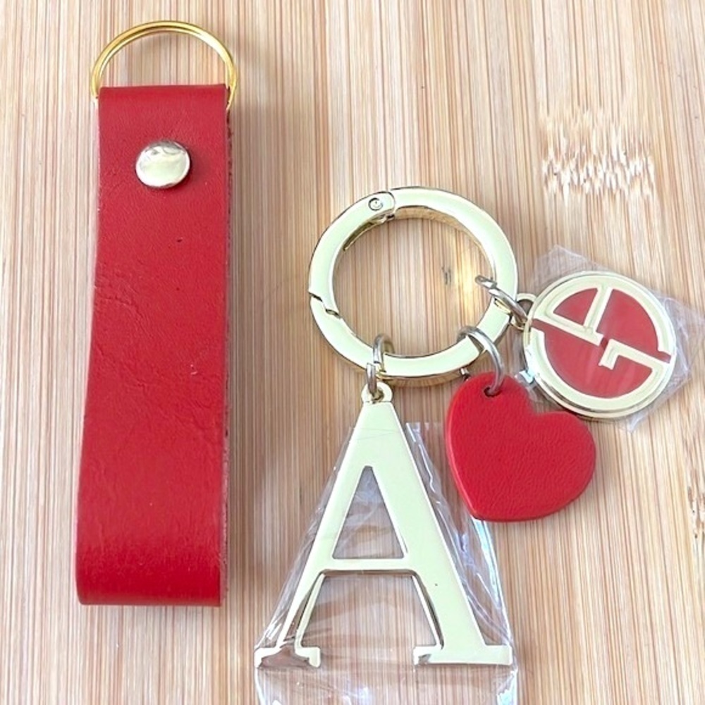 Brand New Giorgio Armani Gold Tone & Red Monogram A Keychain & Red Leather Strap